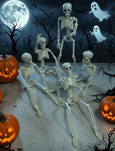  esqueleto de corpo inteiro com articulações móveis e articuláveis, ossos de plástico realistas, adereço de Halloween para decoração de casa mal-assombrada ao ar livre