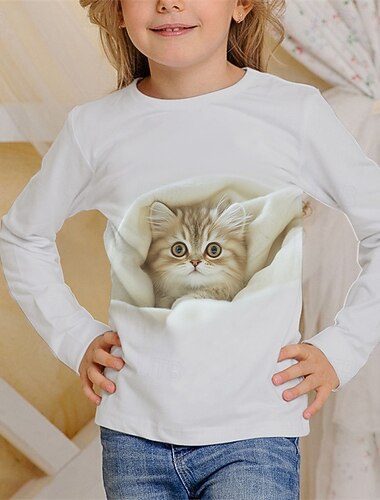  女の子 3D 動物 猫 Tシャツ Ｔシャツ 長袖 春 秋 ファッション ベーシック 子供 4〜12年 クルーネック アウトドア カジュアル 日常 レギュラー