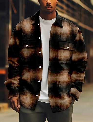 Per uomo Geometrico Griglia / Plaid Camicia di Velluto a Coste Giacca camicia Sopracamicia Manica Lunga Casual All'aperto Abbigliamento Quotidiano Autunno Inverno Collo ripiegato Bottonato Caldo