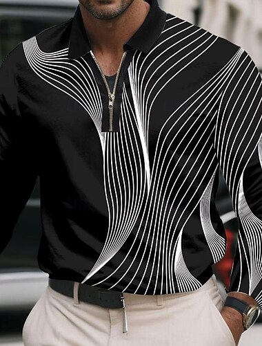 Férfi Mértani Linije Póló Hosszú ujj Pólóingek Hajtóka Üzleti alkalmi Sportruházat Hétköznapi viselet 3D nyomtatás Quarter Zip Polo Tavasz Ősz Tél Fekete Fehér Medence