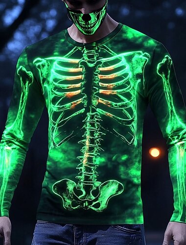  Halloween Ανδρικά 3D Σκελετός Μπλουζάκι Μακρυμάνικο Κοντομάνικη μπλούζα 3D εκτύπωση Στρογγυλή Ψηλή Λαιμόκοψη Πουκάμισο Μοντέρνα Εξωγκωμένος Δρόμος Causal Καθημερινά Θαλασσί Βυσσινί Πορτοκαλί