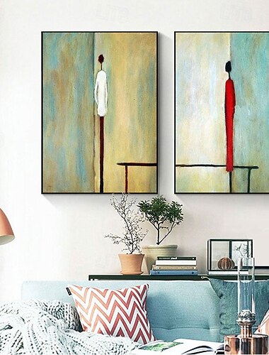  Pintura acrílica abstracta de dos paneles, figura de hombre y mujer, pintada a mano por un artista, pinturas al óleo sobre lienzo, figura moderna, pintura al óleo.