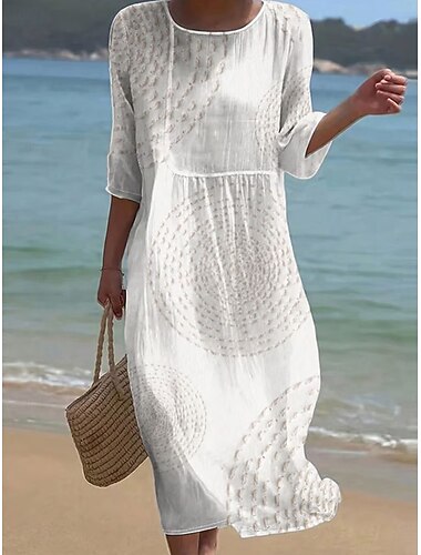 Dámské maxi šaty kaftan s 3/4 rukávy kulatým výstřihem volnočasové šaty A-linie boho pravidelný střih grafické abstraktní bílé modré zelené khaki jaro podzim