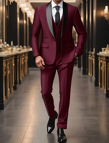  De los hombres Boda Trajes de boda Solapa Redonda Burdeos Formal Color sólido Ajustado Juego de 3 piezas