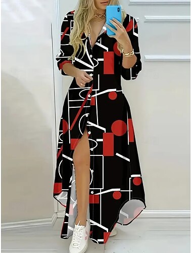  Dámské Maxi šaty Blazer šaty Plášťové šaty prázdniny Na běžné nošení Párty Kancelář Obchod Běžný Abstraktní Dlouhý rukáv Košilový límec Černobílá Černá Vodní modrá Léto Jaro Podzim