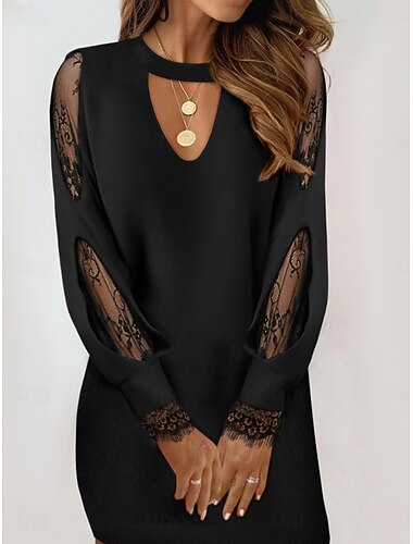  Dámské Mini šaty Černé šaty Flitrové šaty Krajkové šaty Volnočasové šaty Módní Moderní Denní Plážové Víkend Běžný Bez vzoru Dlouhý rukáv Tričkový Černá Léto Jaro Podzim