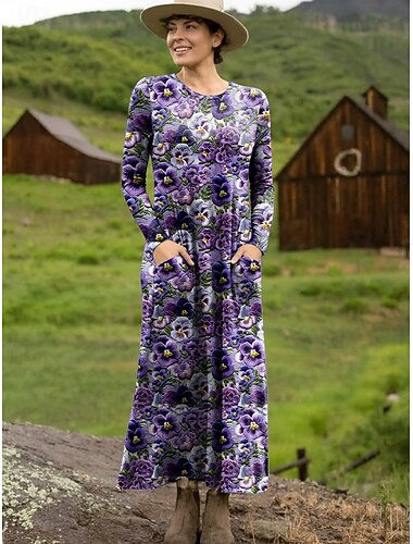 Damen Maxikleid Etui-Kleid T-Shirt-Kleid Urlaub Lässig Boho Täglich Ausgehen Normale Passform Blumen Grafik Langarm Rundhalsausschnitt Leicht Braun Blau Purpur Grün Frühling Herbst Winter