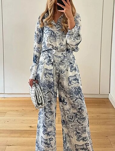  Per donna Attivo Moda Camicia Blusa Set di Pantaloni Manica Lunga Colletto a Camicia Floreale Stampato All'aperto Vacanza Blu Autunno Vestibilità regolare