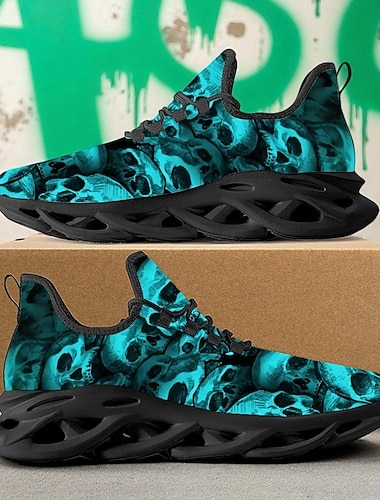  Zapatillas con cordones y estampado de calavera verde para hombre: zapatos casuales de estilo gótico de Halloween para fiestas, discotecas y moda urbana.