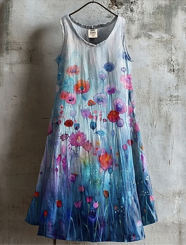 Per donna Abito Midi Abito Boho Vestito Casual Abito Estivo Moda Moderno Quotidiano Spiaggia Weekend Vestibilità regolare Fiore Senza Maniche Scollo a V Blu Estate Primavera