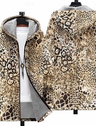  Άντρες Λεοπάρ Χειμερινό παλτό Μπουφάν fleece Παλτό Διατηρείτε Ζεστό Άνετο Καθημερινό Καθημερινά Ρούχα Φερμουάρ Τσέπη 3D εκτύπωση Φθινόπωρο Χειμώνας Με Κουκούλα Μακρυμάνικο Καφέ