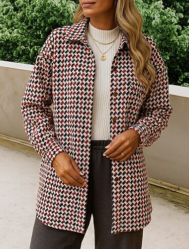  Mulheres Casaco de lã Jaqueta Longa Peacoat Manga Longa Blusas Roupa Esportiva Xadrez Quadrados Jaqueta Corta-Vento Da Moda Exterior Viagem Esportivo Roupa de esporte Roupas Esportivas Preto Vermelho
