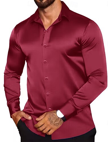  Per uomo Camicia Come la seta Camicia in raso Camicia casual Camicia con Bottoni Semplice Formale Matrimonio Nero Bianco Vino Blu Manica Lunga Bavero Primavera & Autunno Tutte le stagioni