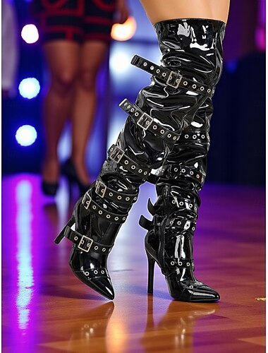  Dames lakleren overknee laarzen met meerdere gespen banddetails, puntige neus, stilettohak, gothic punk stijl laarzen voor stedelijke feestkleding