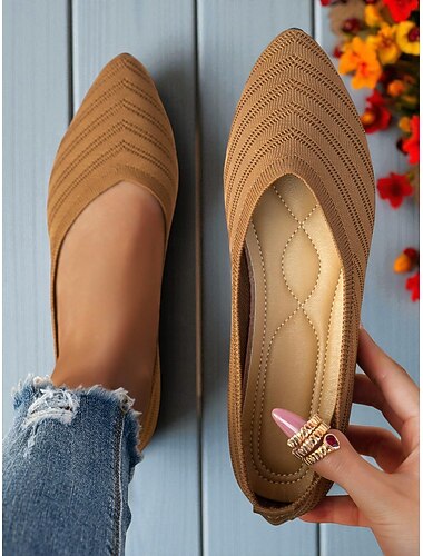 Lichtbruine flyknit flats met puntige neus voor dames – ademende balletschoenen met chevronbreisel voor tuinfeesten, kantoor en lentemode