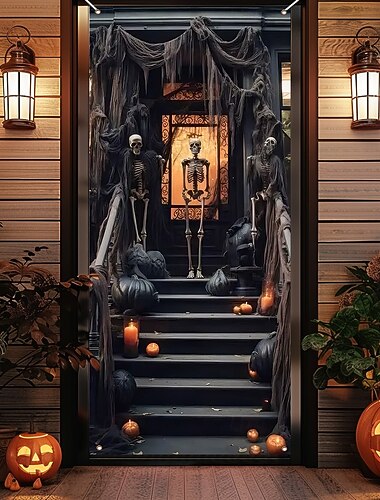  Halloween Dörrskydd Utomhus banderoller Skelett 3D Psykedelisk Fest Utomhus Bakgrundsfotografering Ytterdörr Väggveranda Dekorationer Vägg Dörr Bakgrund