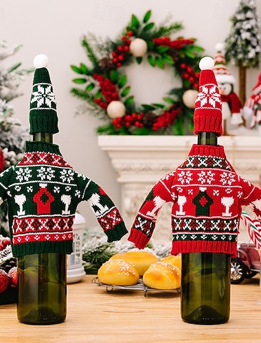  2 kpl jouluisia neulottuja viinipullonsuojuksia, juhlavia pöytäkoristeita punaviinipulloille, kodikkaita neulottuja minivillapaitoja viinipullokoristeita