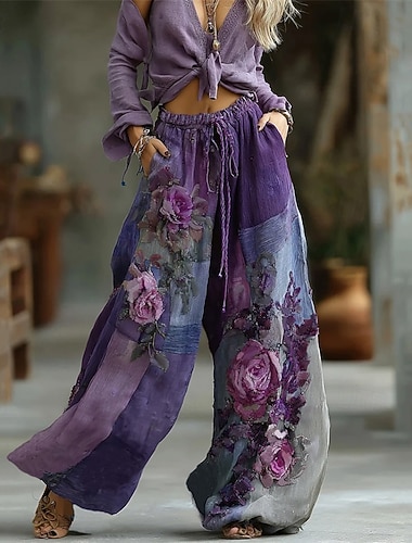  Damen Grafik Weites Bein Hosen Hose Palazzo-Hose Mode Boho Volle Länge Hohe Taille Blume Kordelzug Elastischer Bund Druck Atmungsaktivität Bequem Straße Alltagskleidung Ausgehen Blau Rosa Purpur