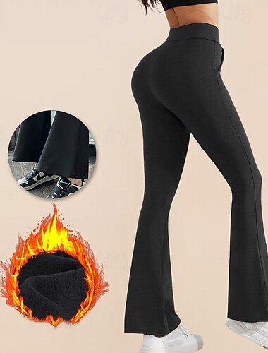  Damskie rozkloszowane legginsy Leginsy do jogi z polaru Z kieszeniami Wysoka talia Siłownia Obuwie sportowe Pilates Doły Jednokolorowe Czarny Zima Sport Odzież sportowa