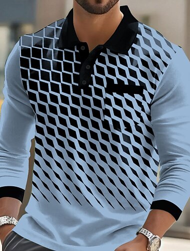  Herr Geometrisk Polo Långärmad Polotröjor Kavajslag Business Casual Fritids- Dagliga kläder Ficka 3D-utskrift Knappar Vår Höst Vit Blå Grön