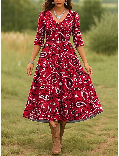  Damen Midikleid Freizeitkleid A Linie Kleid Urlaub Lässig Normale Passform Grafik Paisley-Muster Dreiviertelarm V Ausschnitt Rote Blau Purpur Grün Frühling Herbst