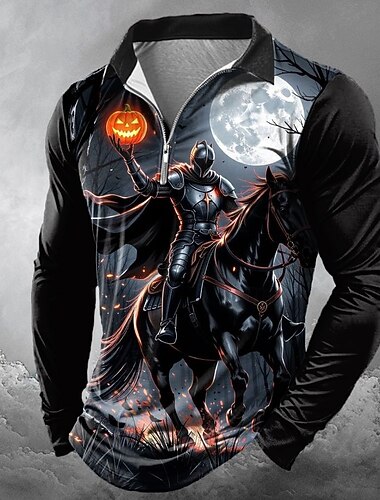  Halloween Homme Potiron Polos à zip Polos Revers Occasionnel Horreur Sombre Extérieur Tenue de fête Impression 3D Printemps Automne Hiver Noir Jaune Orange