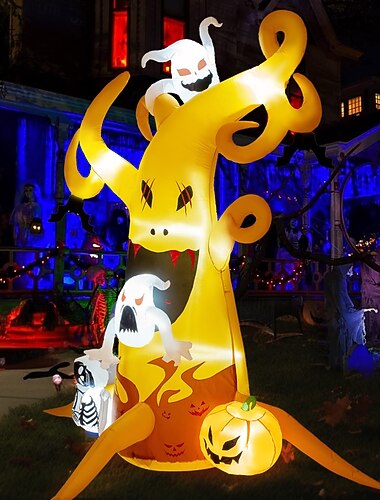  8 ft Halloween opblaasbare buitendecoraties gekke spookboom, pompoen en menselijk skelet, buitendecoraties heldere led opblaasbare tuin ingebouwd voor vakantie/feest/tuin/tuin