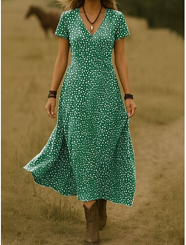  Dame Maxikjole Uformell kjole Kjole med A-linje Sommerkjole Elegant Ferie Fritid Strand Normal Blomstret Grafisk Polkadotter Kortermet V-hals Blå Rød Brun Grønn Sommer Vår