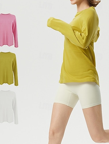  Dame Sportsklær Yogaskjorter Treningstopper Crew-hals Pustende Langermet sport Helfarge Topper Til Treningsstudio Treningsklær Sport Løstsittende Sportsklær