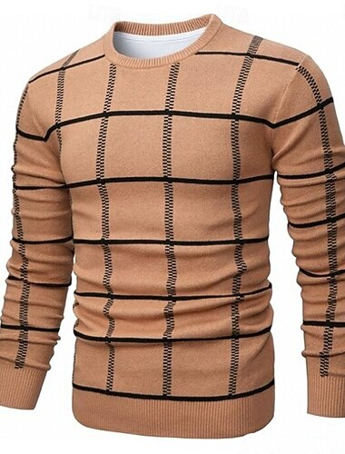  Herre Fargeblokk rutete Pullover genser Strikketøy Crewneck Fritid Feriereise Daglig 3D-utskrift Hold Varm Langermet Vår Høst Vinter Navyblå Blå Brun