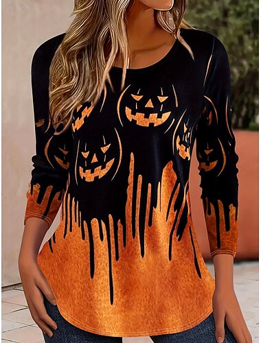  ハロウィン レディース Tシャツ パンプキン オンブレ グラフィック ヴィンテージ スタイリッシュ クラシック ロングスリーブ クルーネック レギュラー トップス デイリー プリント オレンジ 秋 冬