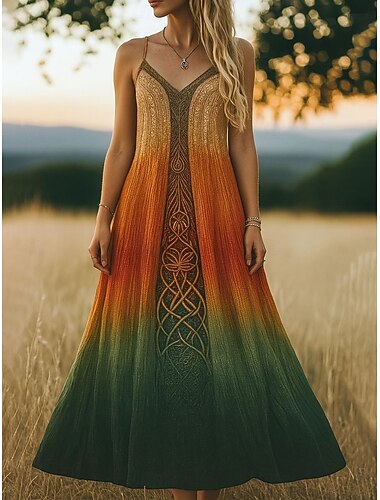  Damen Maxikleid Sommerkleid A Linie Kleid Unterkleid Urlaub Lässig Strand Normale Passform Ombre Grafik Ethnisch Ärmellos V Ausschnitt Spaghettiträger Blau Purpur Orange Grün Sommer Frühling Herbst