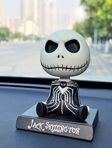  Decorazione per auto con bambola Jack Skellington Bubble Head - ornamento da scrivania con scheletro di Halloween con supporto, decorazione a tema cinematografico non elettrico, oggetto da collezione