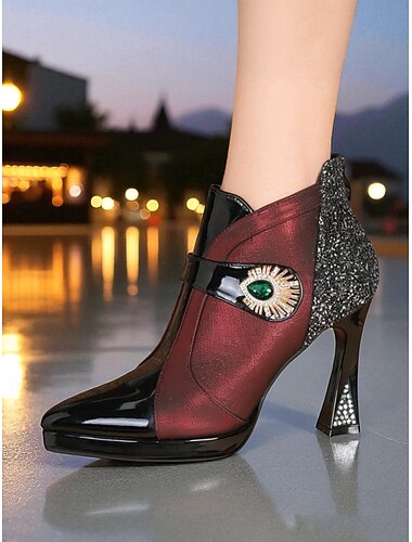  Damesko med glitterhæl, ankelstøvletter i lakkskinn med retro brosjedesign for natteliv