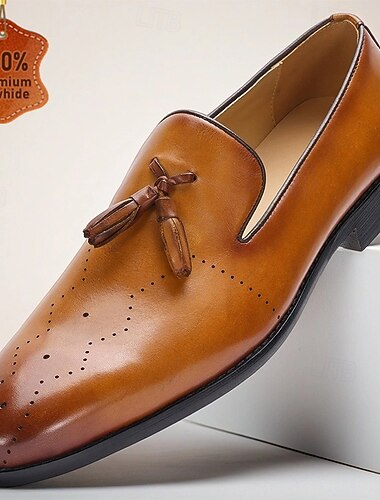  mocassini da uomo in pelle marrone chiaro con nappe – classiche scarpe formali slip-on con design traforato per ufficio, cocktail party e matrimoni