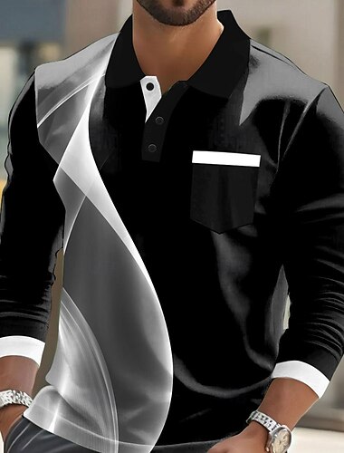  رجالي هندسي بولو ستايل كم طويل قمصان البولو Lapel كاجوال عمل يومي ملابس الرياضة مناسب للبس اليومي جيب طباعة ثلاثية الأبعاد Buttons الربيع الخريف أزرق بحيري أسود أبيض