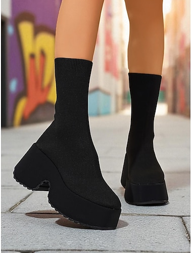 damestøvletter med grov platå – svarte ankelstøvletter med rund tå i streetwear-stil for streetwear, fritidsklær og høstmote