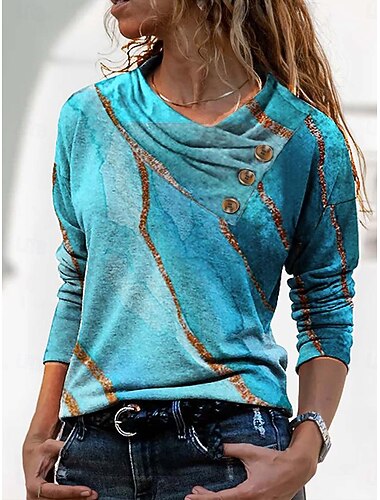  Womens T-Shirt Langarm Geometrisch Abstrakt Basic Langarm Pile Neck V-Ausschnitt Reguläre Tops Tagesdruck Königsblau Blau Grau Frühling Herbst Winter Vorausherbst