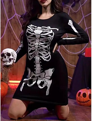  Halloween Жен. Мини-платье Платье-футболка Платье прямого кроя Летнее платье Отпуск На каждый день Для вечеринок Повседневные Стандартный Графика Черепа Длинный рукав Вырез под горло Черный