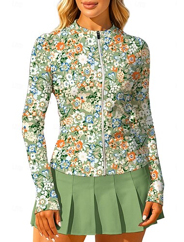  Damen Blumenmuster Oberteile Sporthemd Tennis Shirt Tennistop Langarm Reißverschluss Blumen UPF50+ UV-beständig Hohe Elastizität Feuchtigkeitsableitend Atmungsaktiv Volleyball Tennis Golfspiel Runden