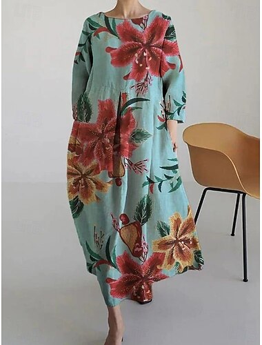  Női Maxiruha A vonalú ruha Fit and Flare ruha Buli Alkalmi Boho Parti Esküvői vendég Napi Laza öltözet Virágos Grafika Hosszú ujj Terített nyak Fehér Medence Lóhere Tavasz Ősz Tél