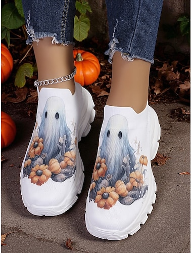  Γυναικεία slip-on sneakers με flyknit και floral print με θέμα φάντασμα και κολοκύθα – ελαφριά casual παπούτσια για εκδηλώσεις σε εξωτερικούς χώρους για το Halloween και το φθινόπωρο