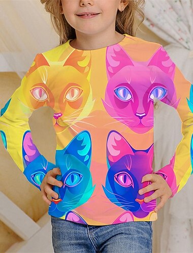  女の子 3D 動物 猫 Tシャツ Ｔシャツ 長袖 春 秋 ファッション ベーシック 子供 4〜12年 クルーネック アウトドア カジュアル 日常 レギュラー