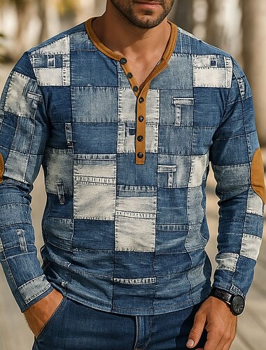  Herren Faux-Patchwork-Muster T Shirt Henley Hemd T-Shirt Langarm Vintage Designer Stilvoll Lässig Täglich Outdoor Frühling & Sommer Ganzjahres Blau Henley Henley T-Shirt