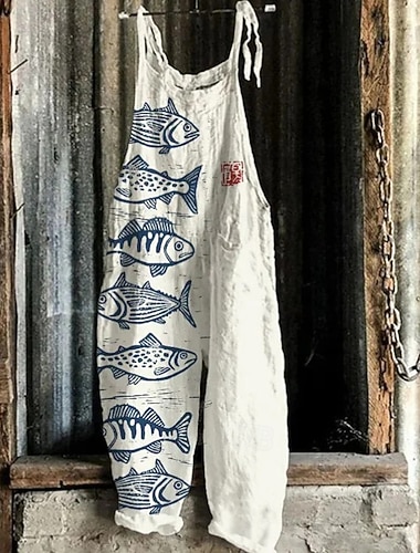  Damen Overall Urlaub Vintage Ethno-Stil Volle Länge Mittlere Taille Tiermotiv Fisch Atmungsaktivität Leicht Weich Unelastisch Lässig Täglich Ferien Schwarz Weiß Marineblau Orange Sommer Frühling