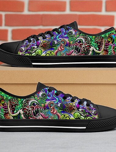  Pánské nízké plátěné tenisky – barevný abstraktní graffiti potisk, šněrovací ležérní skate boty, stylové streetwear a obuv pro každodenní nošení