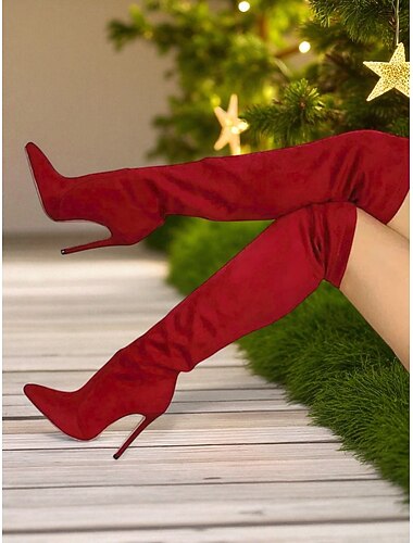  bottes au-dessus du genou en daim rouge pour femmes - talons aiguilles à bout pointu pour les soirées et les événements de Noël