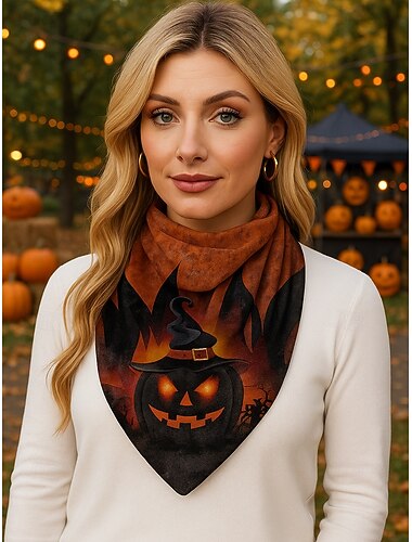  Γυναικείο κασκόλ με μοτίβο κολοκύθας για το Halloween – απαλό τριγωνικό μαντήλι για τον λαιμό για πάρτι, cosplay και φθινοπωρινά φεστιβάλ