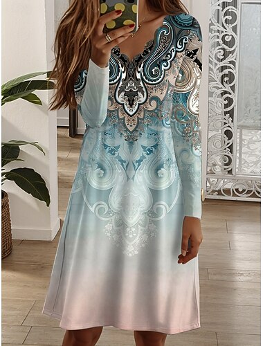  Damen Minikleid Shiftkleid Lässig Boho Täglich Normale Passform Grafik Geometrisch Langarm V Ausschnitt Blau Dunkelgrün Purpur Grün Herbst Winter
