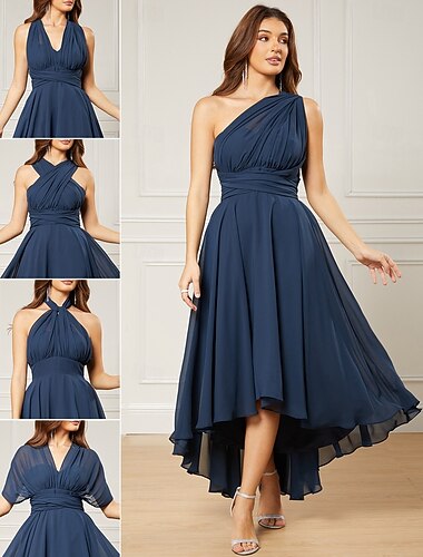  A-Lijn Bruidsgast Jurken Elegante Jurk Formele Bruidsfeest Thee Lengte Mouwloos Eén Schouder Herfst Bruidsgast Chiffon met Ruching